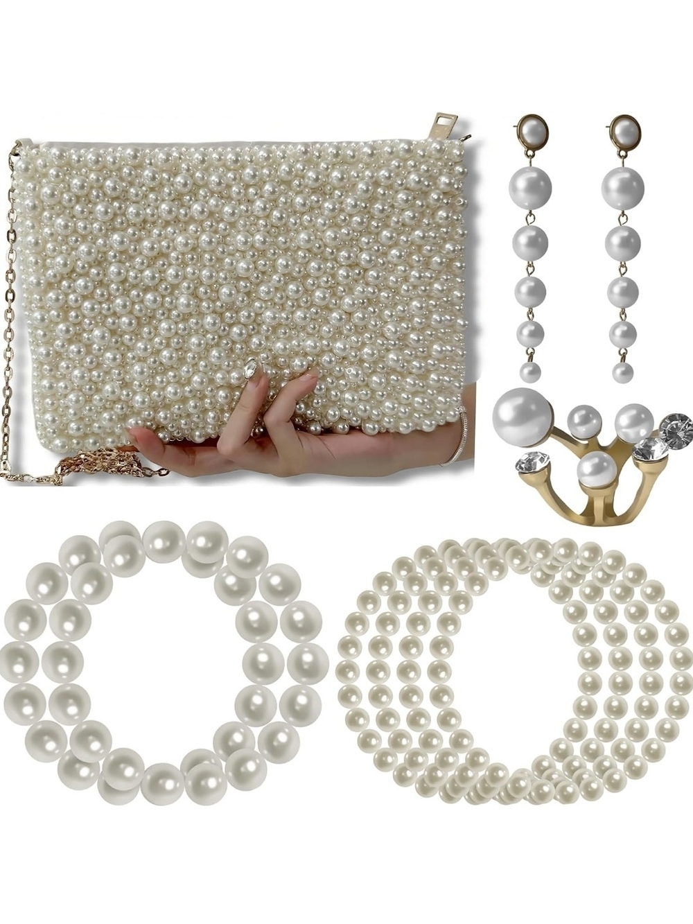 Pearl-Embellished White Clutch Bag with Chain Strap and ACCESSORIES